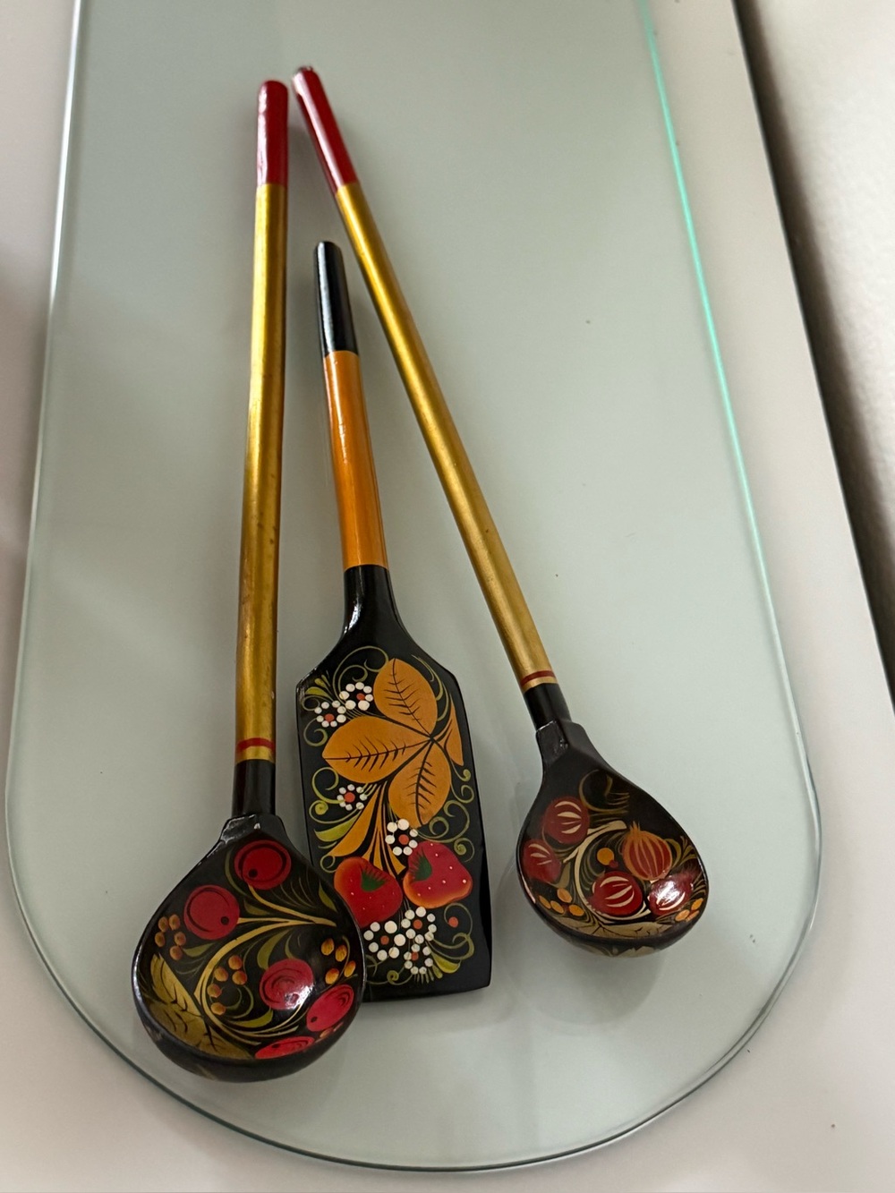 Decorative Black & Gold Hand-Painted Serving Spoons with Red Accents